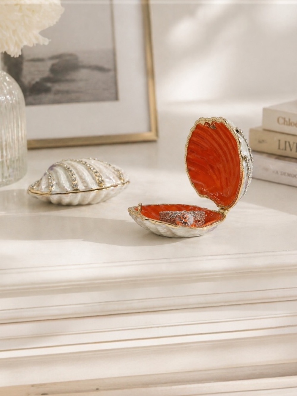 Swarovski Crystals Accent hand painted Shell Ring Jewelry Box